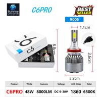 Phares LED de voiture SunRise C6PRO 9012 12V 48W 8000LM 6500K IP68 Étanche Haute Luminosité Plug-and-Play Adaptation Universelle CE