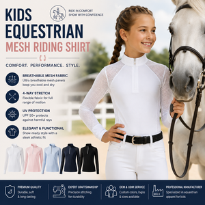 Fabricantes de Ropa Ecuestre para Niños, Camiseta de Malla para Montar a Caballo, Manga Larga, Cierre de Cremallera de un Cuarto, Protección UV, Top para Competencia - Product Image 1