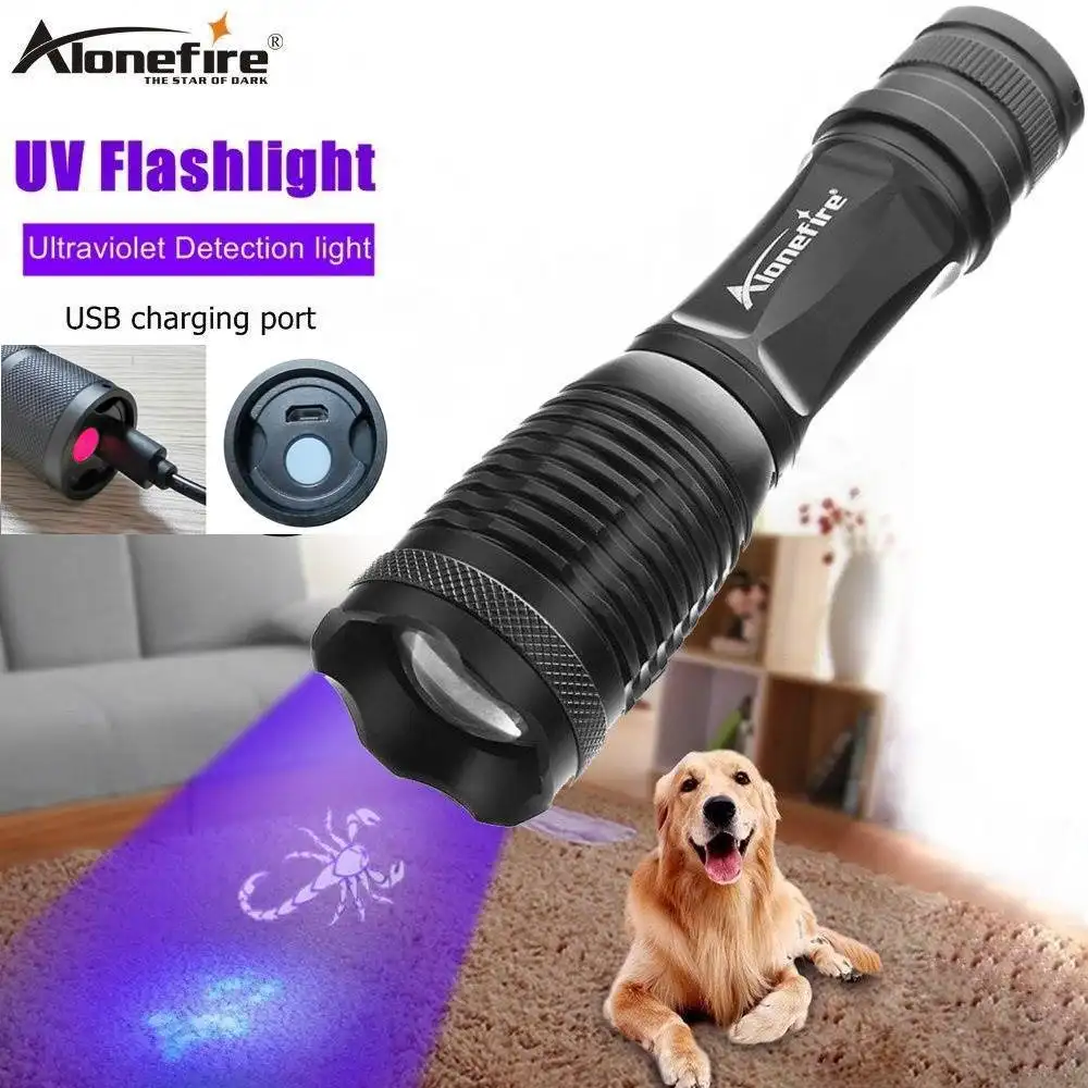 Alonefire lanterna uv E007-C 395nm, usb, recarregável, luz ultra violeta, zoom, manchas de urina de bicho de estimação, detector, escorpiões, lâmpada de pesca
