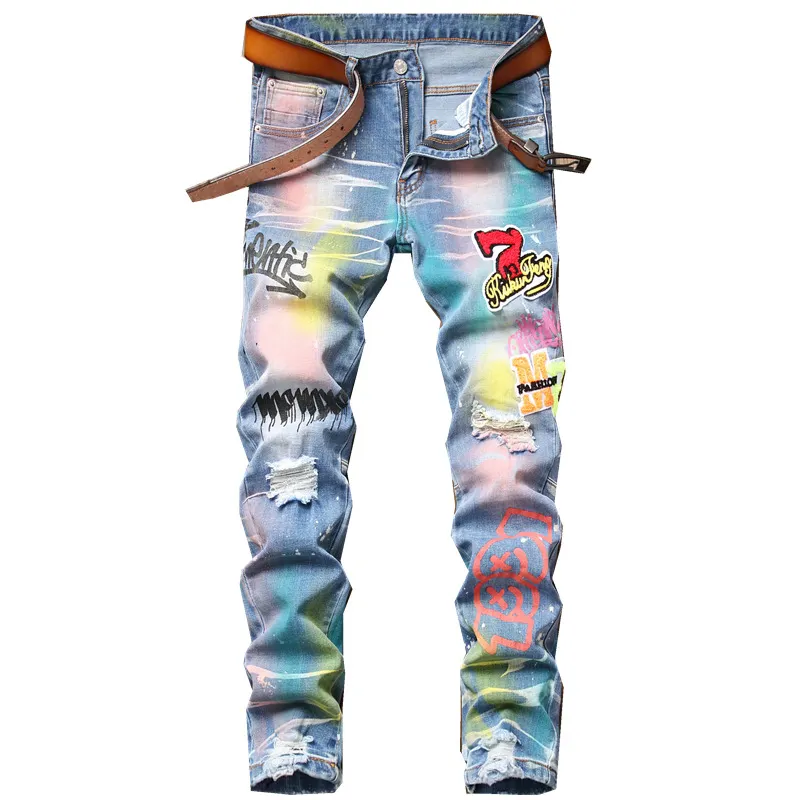 High Quality AeeDenim OEM ODM Custom Logo Ripped patch paint multi-color men's foreign trade elastic small straight denim jeans