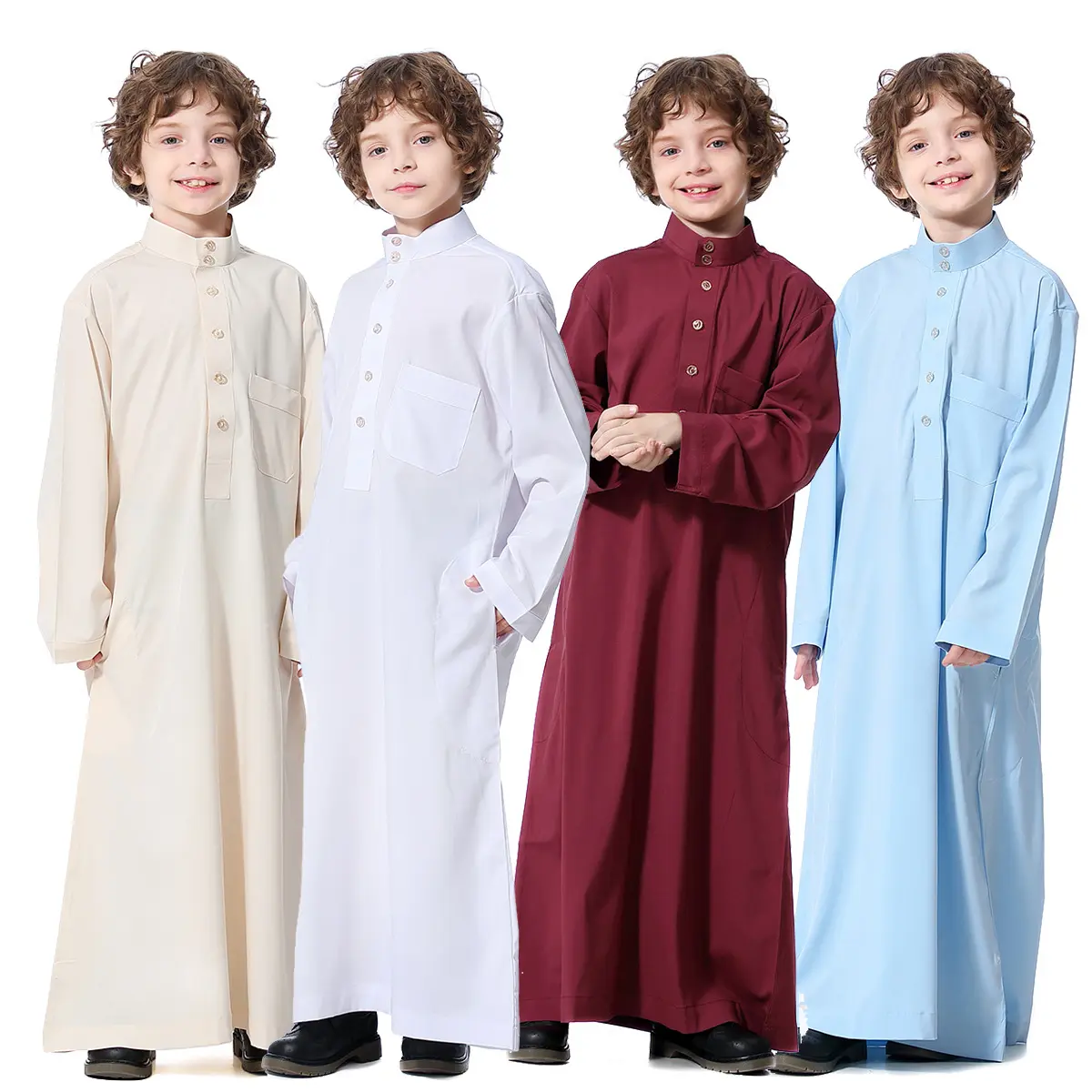 전통적인 수 놓은 통기성 긴 소매 이슬람 의류 이슬람 Thobe 소년 이슬람 어린이 의류
