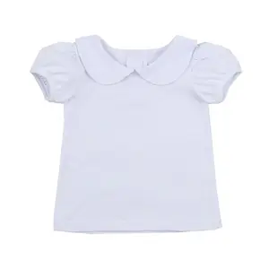 Verão Hot Sale 100% Algodão Manga Bolha Crianças Tops Meninas Peter Pan Collar Plain T-shirt Para O Bebê