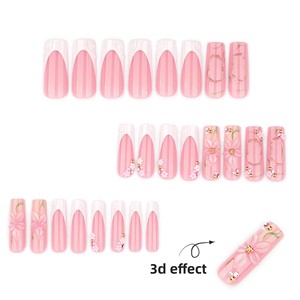 <span class=keywords><strong>Faux</strong></span> <span class=keywords><strong>ongles</strong></span> longs carrés à presser, roses avec pointe française blanche <span class=keywords><strong>et</strong></span> fleur 3D, perles dorées, pour femmes - Product Image 2