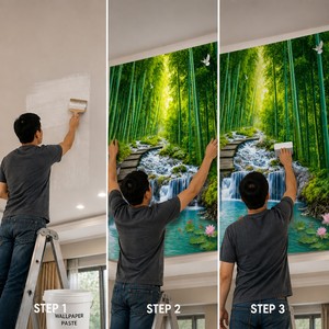 Mural de Pared Personalizado con Diseño de Bosque de Bambú y Cascada, Lienzo con Óleo, Loto y Pez Dorado, Papel Tapiz Zen para Sala de Estar, Dormitorio, Hotel - Product Image 5