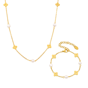 Collar de cadena de flores de perlas de agua dulce, pulsera de trébol de cuatro hojas, acero inoxidable 316L, conjunto de joyas de oro auténtico de 18 quilates - Product Image 1
