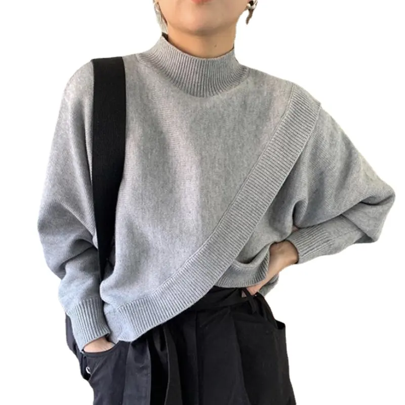 Оптовая продажа, 2023 осенний нишевый свободный трикотажный женский свитер с высоким воротником и перекрестным изогнутым подолом и длинными рукавами