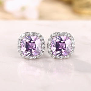 Classic Purple Cushion Cut <b>Crystal</b> & Rhinestone Bezel Set <b>Stud</b> <b>Earrings</b> for Women Alloy Jewelry Gift Fashion E3713 - Product Image 1