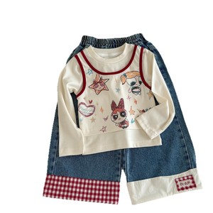 Girls Autumn Cartoon T-Shirt Plaid Jeans Set Cotton Two-Piece Outfit Kids Clothing - Product Image 5