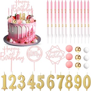 Kit de décoration de gâteau d'anniversaire 34 pièces, bougies fines dégradées, topper en acrylique avec inscription, sphère, chiffres 0-9, or, fournitures de fête - Product Image 2