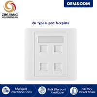 Placa frontal Keystone blanca de 4 entradas con ventana de etiquetado y persianas antipolvo de resorte para toma de datos de red RJ45/RJ11, terminación sin herramientas, RoHS