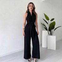 Combinaison slim sans manches à col en V avec ceinture, pantalon long taille haute, style professionnel, en fibre, pour femme