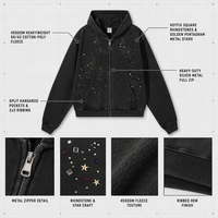 Sweat à capuche entièrement zippé personnalisé 450 g/m² en coton et polyester délavé style vintage avec embellissement étoile en strass, streetwear oversize pour homme