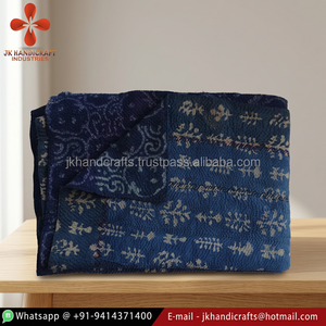Manta reversible bordada a mano Sari Kantha de algodón índigo azul indio - Product Image 3
