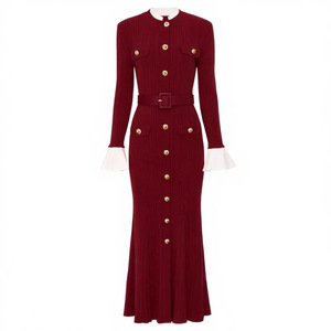 <span class=keywords><strong>Abito</strong></span> Lungo da Donna <span class=keywords><strong>Svasato</strong></span> a <span class=keywords><strong>Maniche</strong></span> <span class=keywords><strong>Lunghe</strong></span> con Scollo a O e Cintura, in Maglia Color Block di Qualità Disponibile in Stock - Product Image 1