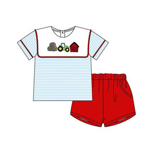 Conjunto infantil BSSO1939 personalizado para niño pequeño, con estampado de granja a rayas azules, ropa infantil al por mayor, conjunto de manga corta para niño pequeño - Product Image 1