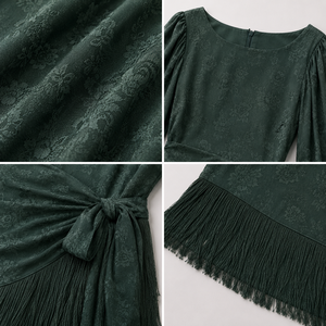 Vestido Mini con Flecos para <span class=keywords><strong>Mujer</strong></span>, Verde Oscuro, Jacquard, Manga Abullonada, Lazo Lateral, Cintura Drapeada, Dobladillo Asimétrico con Borlas, <span class=keywords><strong>Estilo</strong></span> Elegante para Cóctel - Product Image 3