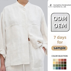 ODM estate autunno cotone cotone naturale organico abiti donna manica lunga canapa <span class=keywords><strong>camicia</strong></span> e pantaloni 2 pezzi Set - Product Image 2