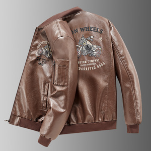 Blouson bomber brodé <span class=keywords><strong>à</strong></span> col montant pour <span class=keywords><strong>homme</strong></span> grande taille, idéal pour <span class=keywords><strong>la</strong></span> <span class=keywords><strong>moto</strong></span> |   Blouson aviateur en cuir doublé polaire ample - Product Image 6