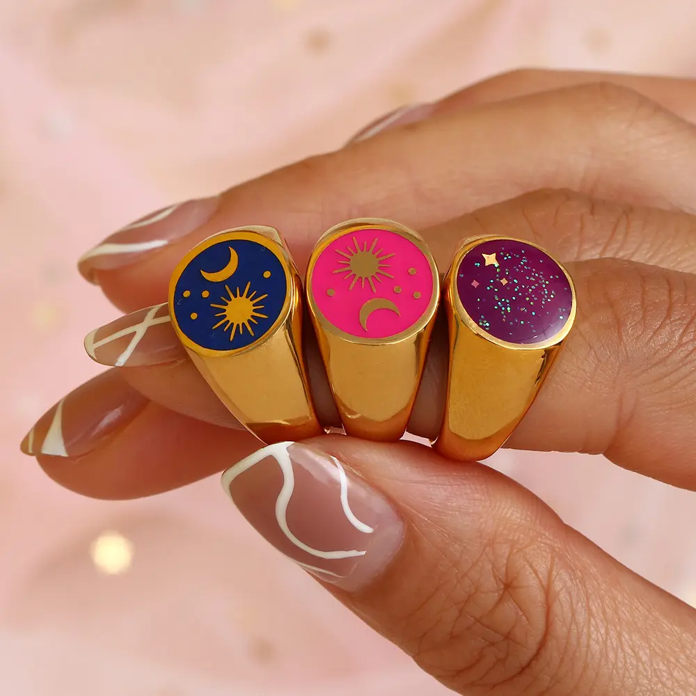 Fashion Jewelry 18K Gold Circle Star Moon Sun Stainless Steel Jewellery Singet Colorful Enamel Rings For Women Golden