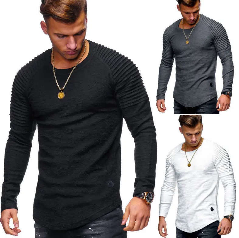 Oem kustom fashion pria warna Solid lengan panjang leher bulat Pullover kasual bergaris T shirt untuk pria lengan panjang