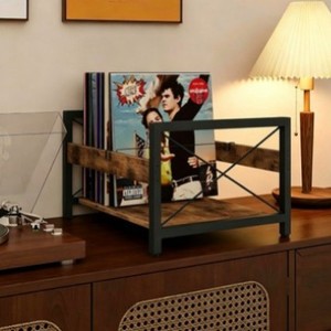 Support de disques vinyles en bois massif et fer, support de bureau pour salon et bureau avec un design de rangement à un niveau - Product Image 3
