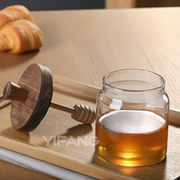 Tarro de miel de vidrio transparente con tapa de madera, cuchara, contenedor de cocina para conserva de jarabe de miel