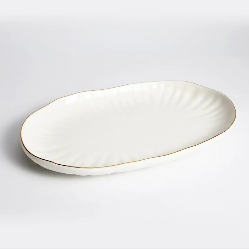 Tivray Hot Sale Lotus Shape Design Pearl White Porcelain Oval Plate Custom Modern Style Household Dinner Long Plate For Fish
