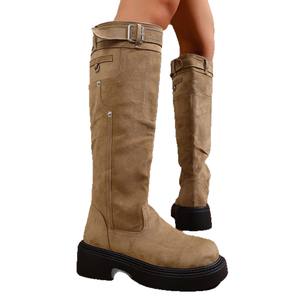 Botas de plataforma altas hasta la rodilla para mujer, con punta redonda y hebilla, estilo motero occidental, calzado informal y moderno, novedad 2026 - Product Image 5