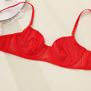 Conjunto de lencería de 2 piezas para mujer al por mayor: sujetador con aros rojo y tanga, conjunto de lencería de malla transparente a rayas, ropa interior transpirable, conjunto de sujetador sexy para mujer. - Product Image 3