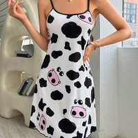 Mini-robe de nuit printemps-été pour femme, gris rayé, imprimé vache, bretelles spaghetti, mignonne, confortable, décontractée, vêtement de détente et de sommeil, 160g, sans col