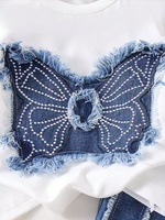 Ensemble printemps/été pour enfants en Europe et en Amérique - Ensemble jean à manches courtes, haut papillon et jean, lot de deux pièces