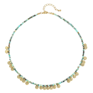 Collier ras du cou vintage bohème en perles turquoise avec pendentif pièce en acier inoxydable et franges, cadeau, personnalisable, OEM, pour revendeurs de boutiques, vente en gros - Product Image 2