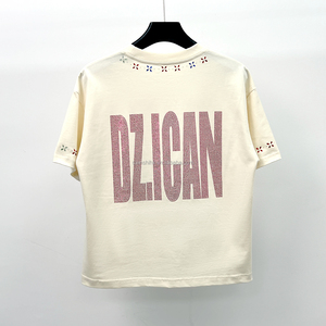 Nouveau style T-shirt d'été à col rond, coupe carrée, épaules tombantes, streetwear, en coton épais avec strass, oversize - Product Image 2