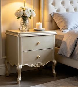 Luxury Champagne Gold Solid Wood 2-Drawer Nightstand French Style Bedside <b>Cabinet</b> Cabriole Legs Multi-Purpose Bedroom Furniture - Product Image 1