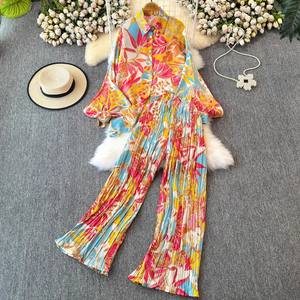 Camisa holgada con estampado de manga farol para mujer, pantalones de pierna ancha plisados de cintura alta, conjunto informal de 2 piezas, moda Sehe - Product Image 4