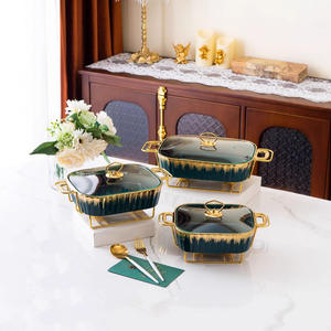 Plat de cuisson rectangulaire en céramique dorée, vaisselle, pot à soupe sèche pour hôtel, casserole créative, résistant à la chaleur légère - Product Image 5