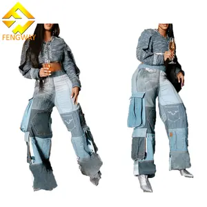 Fengway 2024 Mode Multi Big Pocket Broek Patchwork Hoge Taille Broek Dames Losse Wijde Pijpen