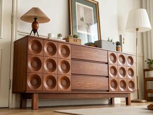 Mid Century Modern Solid Wood <b>Sideboard</b> With Circular Carved Doors 3 Drawers Living Room Storage Cabinet - Product Image 5