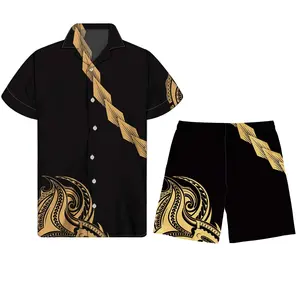 Vintage Polynesian Black Orange Tribal Plumeria Floral Mens Two Piece Shirt and Shorts Match Swimwear Mens Swimwear & Beachwear