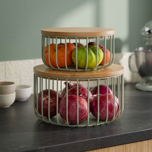 Paniers de rangement en métal à double niveau avec couvercles, récipients alimentaires ronds en acier inoxydable, organisateur de cuisine au design minimaliste - Product Image 4