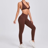 Ensemble de yoga moulant amincissant le dos, séchage rapide, en Spandex/Nylon, avec soutien-gorge dos nu à col en V et pantalon long à poches