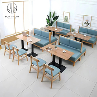 Ensemble de meubles pour café, restaurant, tables carrées en bois, canapé en cuir bleu, tabourets, ensemble de banquettes, moderne, durable, respectueux de l'environnement