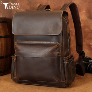 Tiding Men's <b>Backpack</b> 20-35L <b>Large</b> Capacity Genuine Leather Travel Outdoor Retro Cowhide Laptop Bag Dark Brown - Product Image 1