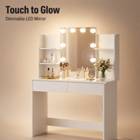 Meuble de chambre à coucher moderne, table cosmétique blanche avec 4 étagères de rangement, 2 tiroirs, miroir de vanité et éclairage LED