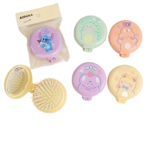 AISHU Round Folding <b>Mirror</b> Comb <b>Plastic</b> Multifunction Portable Hairbrush With Cartoon Design For General Use - Product Image 1