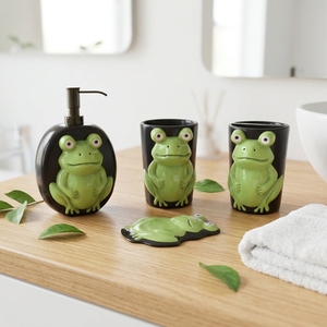 Wholesale Premium Modern Eco-Friendly Black Frog Embossed Ceramic Soap Dispenser 4-Piece Bathroom Accessories Set Lotion Dish