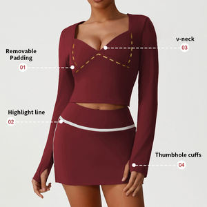 ゴルフテニスセットフィットネスカラーマッチング速乾性長袖ワークアウトトップ2イン1スカート - Product Image 1