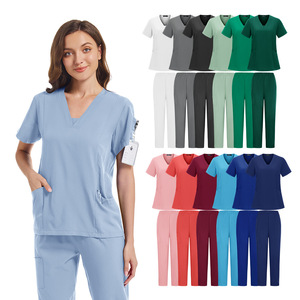 H Z M N O I V-Neck Scrub Set Moisture Wicking Breathable Elastic Quick Drying Women Hospital Uniforms Split Set - Product Image 1