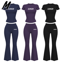 Ensemble de sport pour femmes Milady, haut à manches courtes en nylon à col rond et leggings évasés, vêtements de sport décontractés, ensemble de 2 pièces tendance