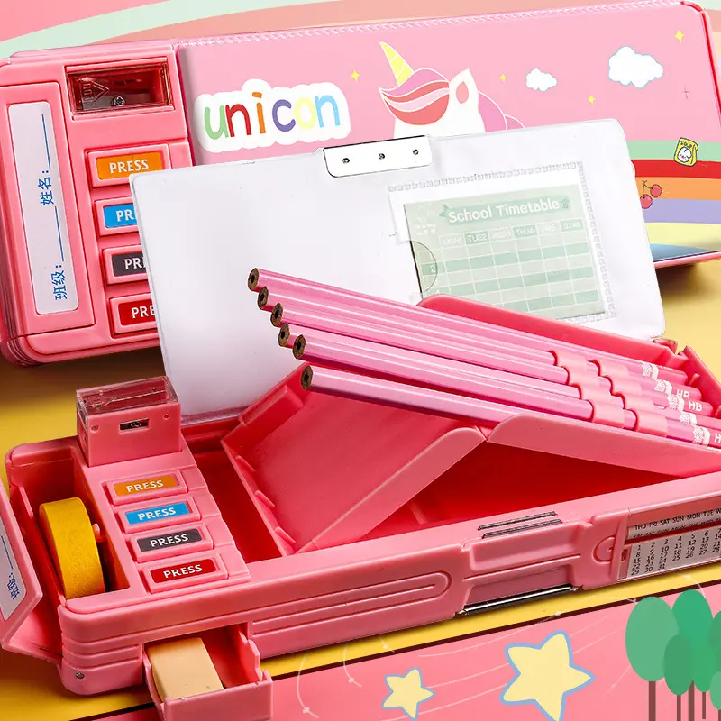 Kawii-caja de lápices de plástico multifuncional para niños, estuche de lápices de Escuela Mecánica con bloqueo de código de contraseña